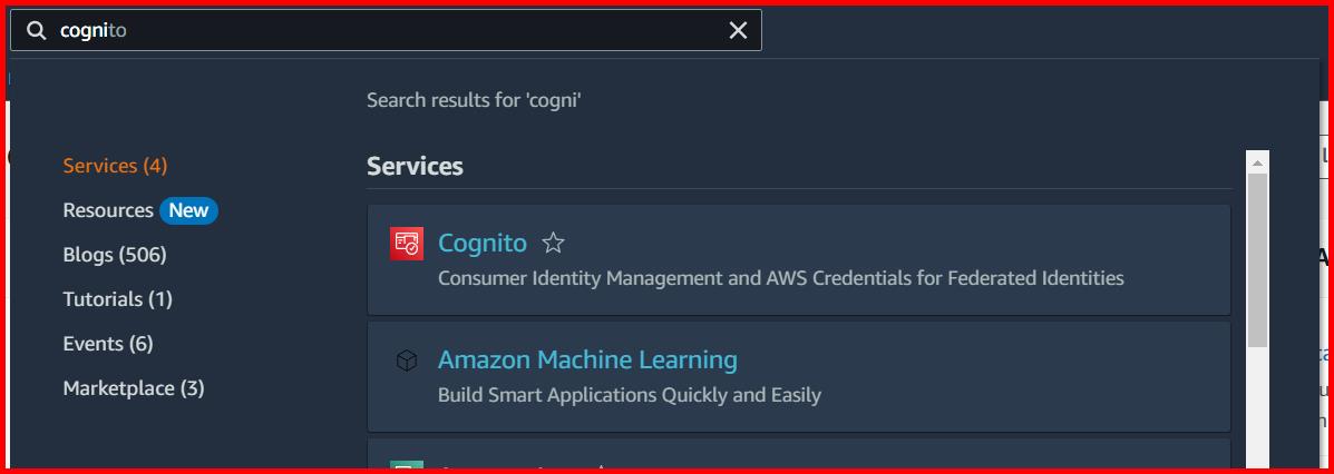Picture showing the Cognito service in the search result